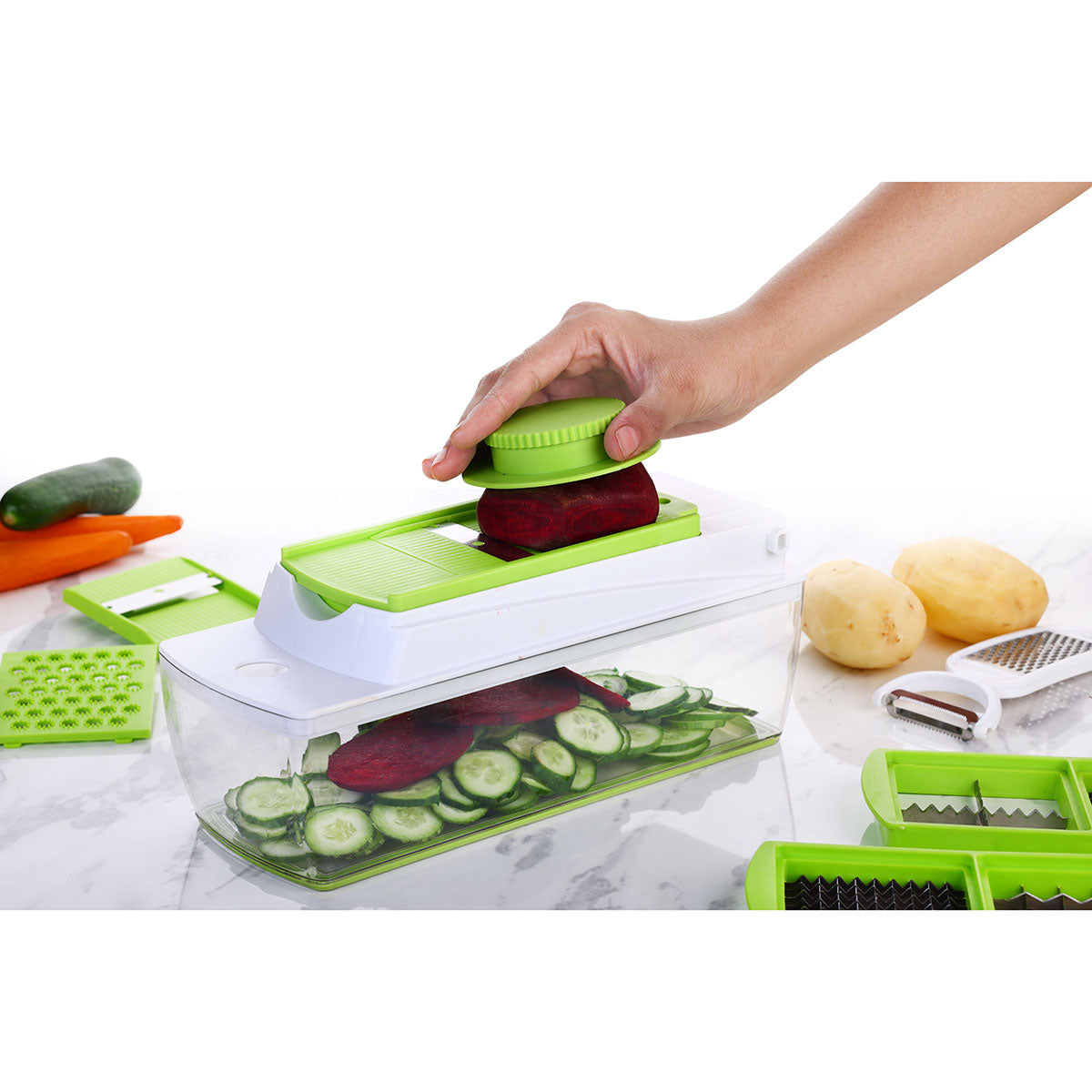 14 in 1 Multi-Purpose Vegetable and Fruit Chopper, Fruit Grater, Slicer Dicer, Chipper, Peeler | Hand Chopper, Cutter | Best Kitchen Tool Accessories