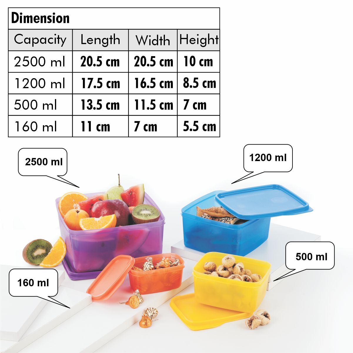 Family Fresh  Plastic Storage container, Set of 4, (2500ML, 1200 ML, 500 ML, 160 ML), Multicolor
