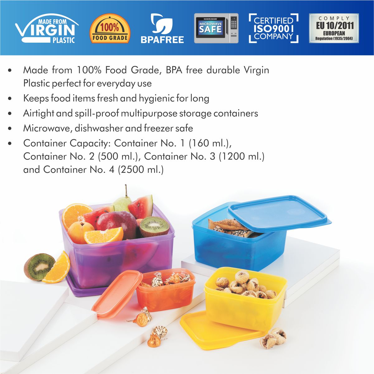 Family Fresh  Plastic Storage container, Set of 4, (2500ML, 1200 ML, 500 ML, 160 ML), Multicolor