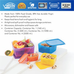 Family Fresh  Plastic Storage container, Set of 4, (2500ML, 1200 ML, 500 ML, 160 ML), Multicolor