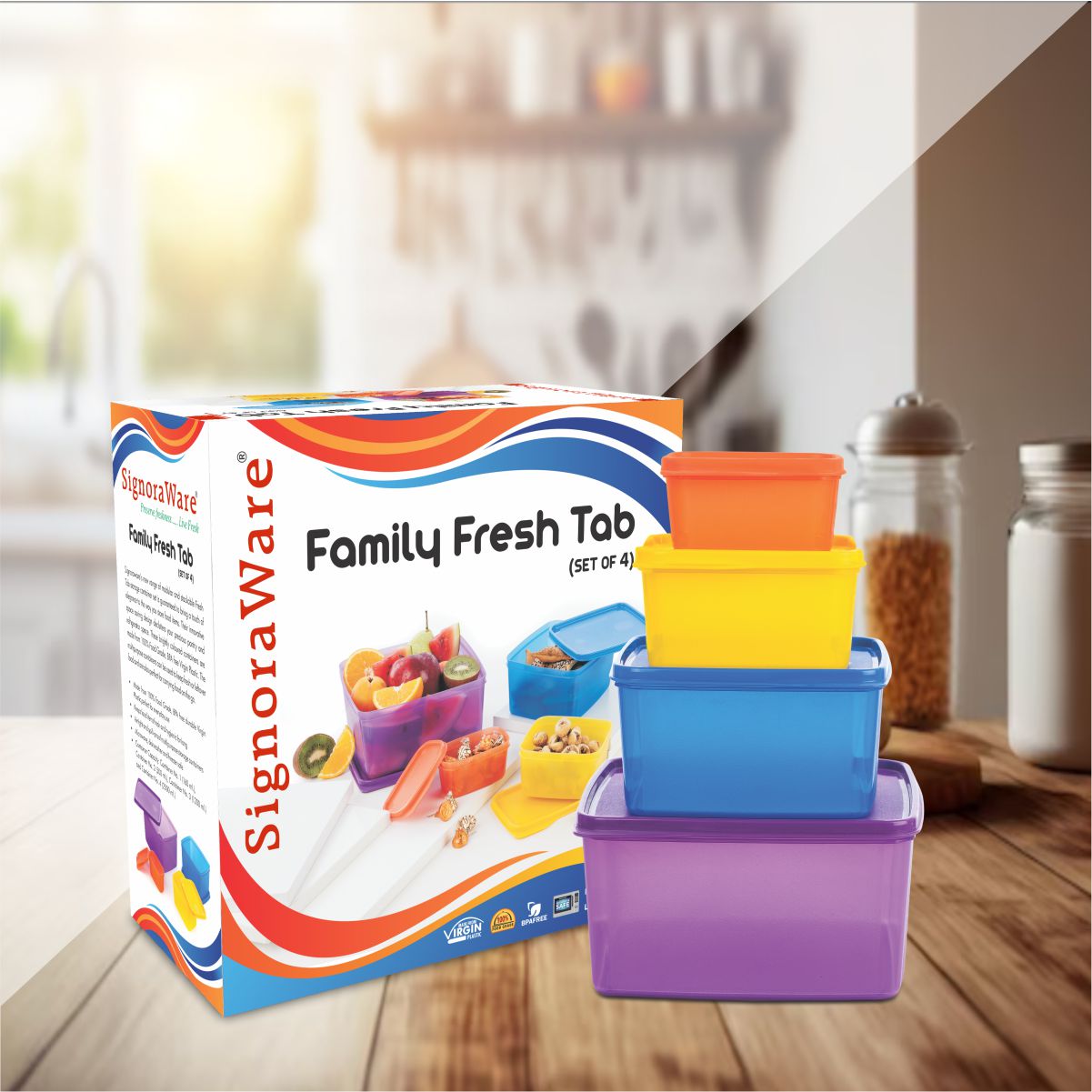 Family Fresh  Plastic Storage container, Set of 4, (2500ML, 1200 ML, 500 ML, 160 ML), Multicolor