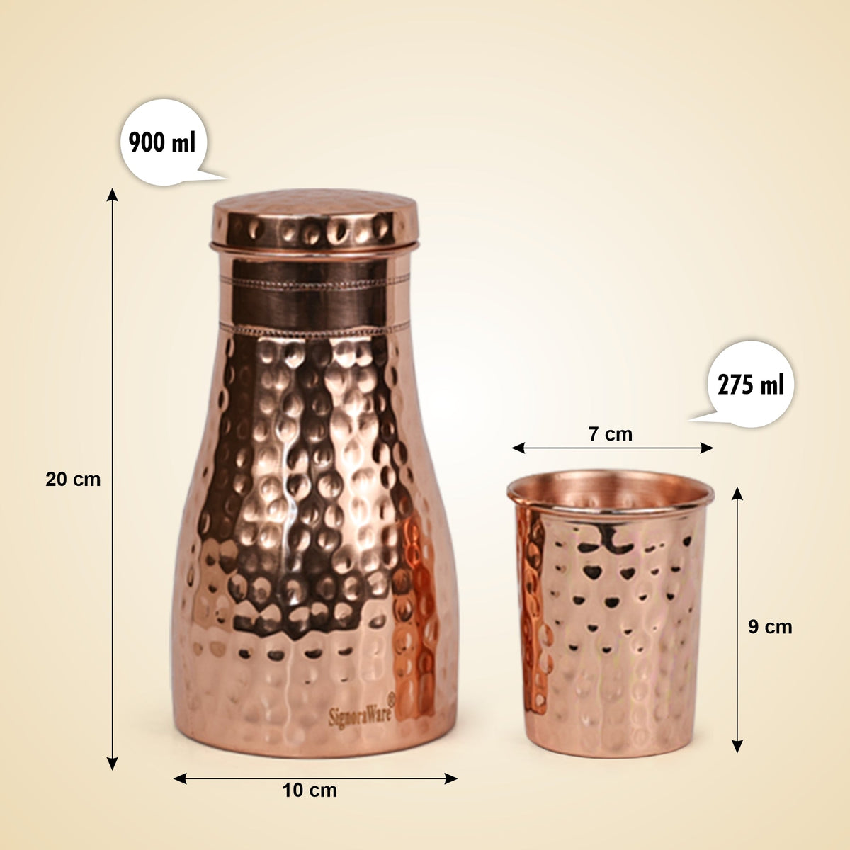 Damaru Bottle with 2 Glass (Hammered), 900ml + 275 ml Each Glass