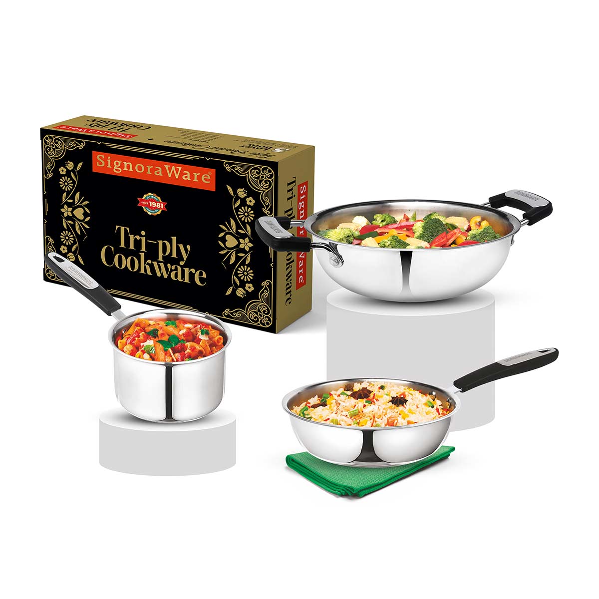 Artista Triply Prime (Kadhai 22cm, Frypan 22cm & Saucepan 14cm) -- WITHOUT LID --