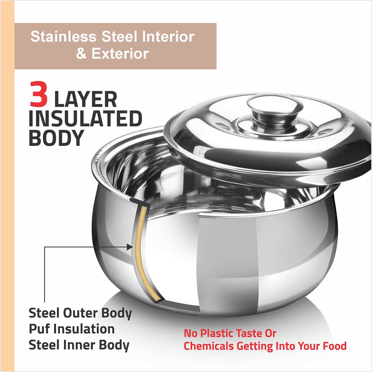 Hot Delight Casserole (Set of 2) 1500ml + 1000ml | Double Wall Stainless Steel Insulated Casserole | Keep Food Hot For Longer Time