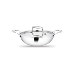 Artista Triply Stainless Steel Shallow Kadhai with Lid| Silver (Induction and Gas Stove Friendly), 22cm, 2100ml