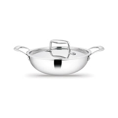 Artista Triply Stainless Steel Shallow Kadhai with Lid| Silver (Induction and Gas Stove Friendly), 24cm, 2500ml