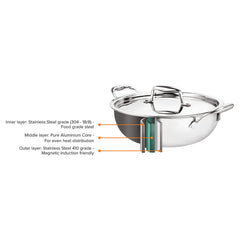Artista Triply Stainless Steel Shallow Kadhai with Lid| Silver (Induction and Gas Stove Friendly), 28cm, 4600ml