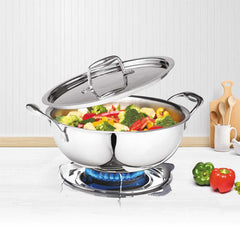 Artista Triply Stainless Steel Shallow Kadhai with Lid| Silver (Induction and Gas Stove Friendly), 28cm, 4600ml