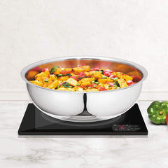 Artista Triply Stainless Steel Shallow Tasla with Lid| Silver (Induction and Gas Stove Friendly), 20cm, 1600ml