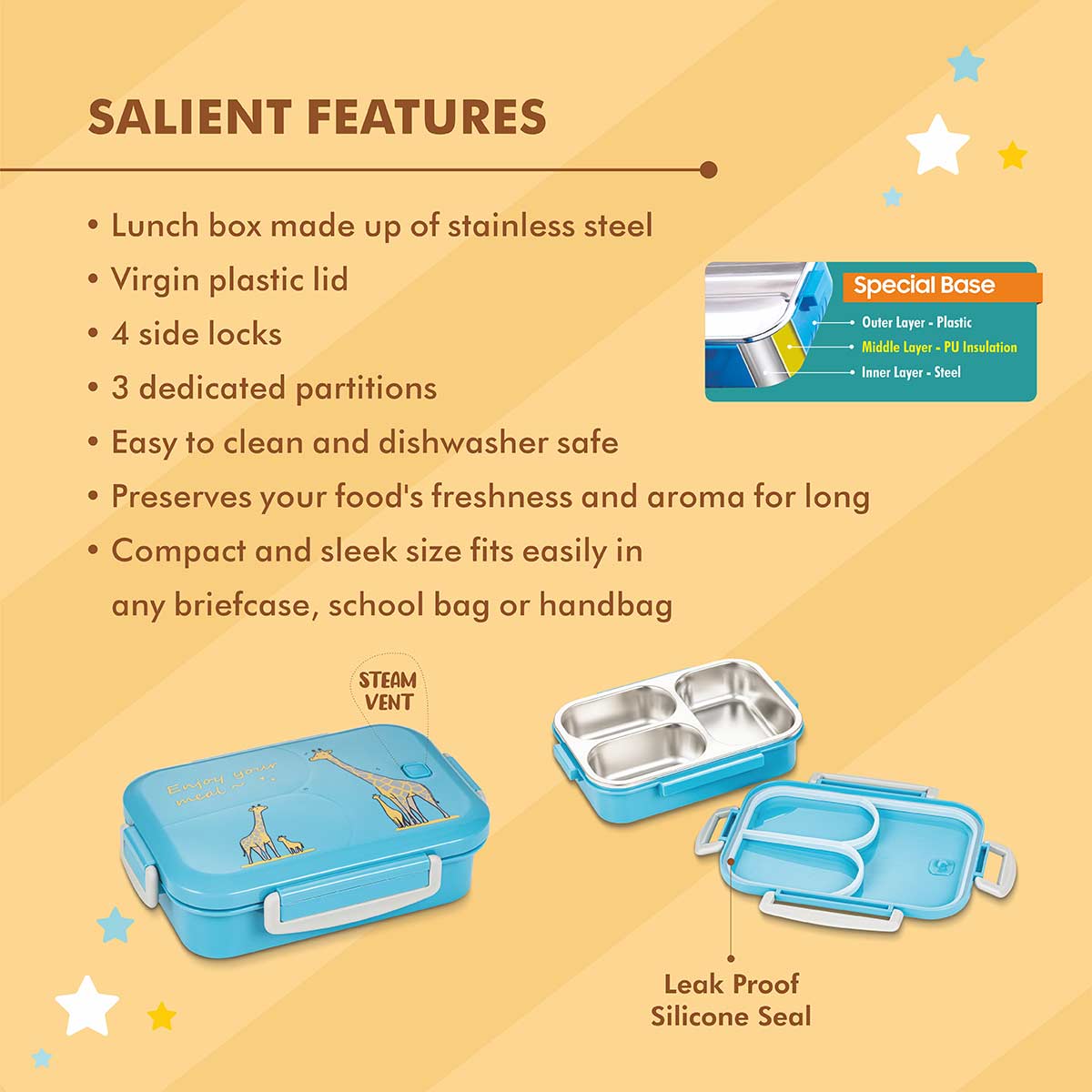 HappyMe Designer Steel Lunch Box 3 Partitions